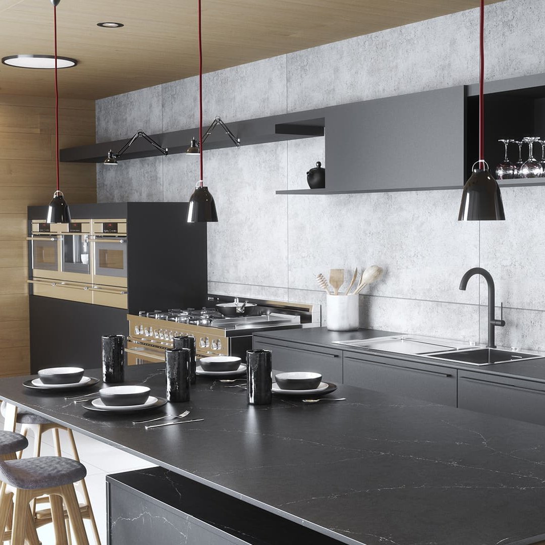 Moderne graue/schwarze Küche