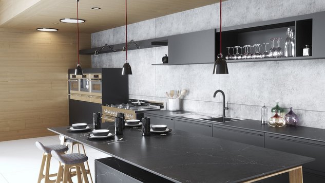 Moderne graue/schwarze Küche